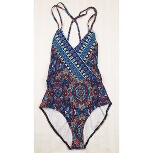 Cole of California Womens Size 8 Blue Paisley Boho Strappy One Piece Swimsuit